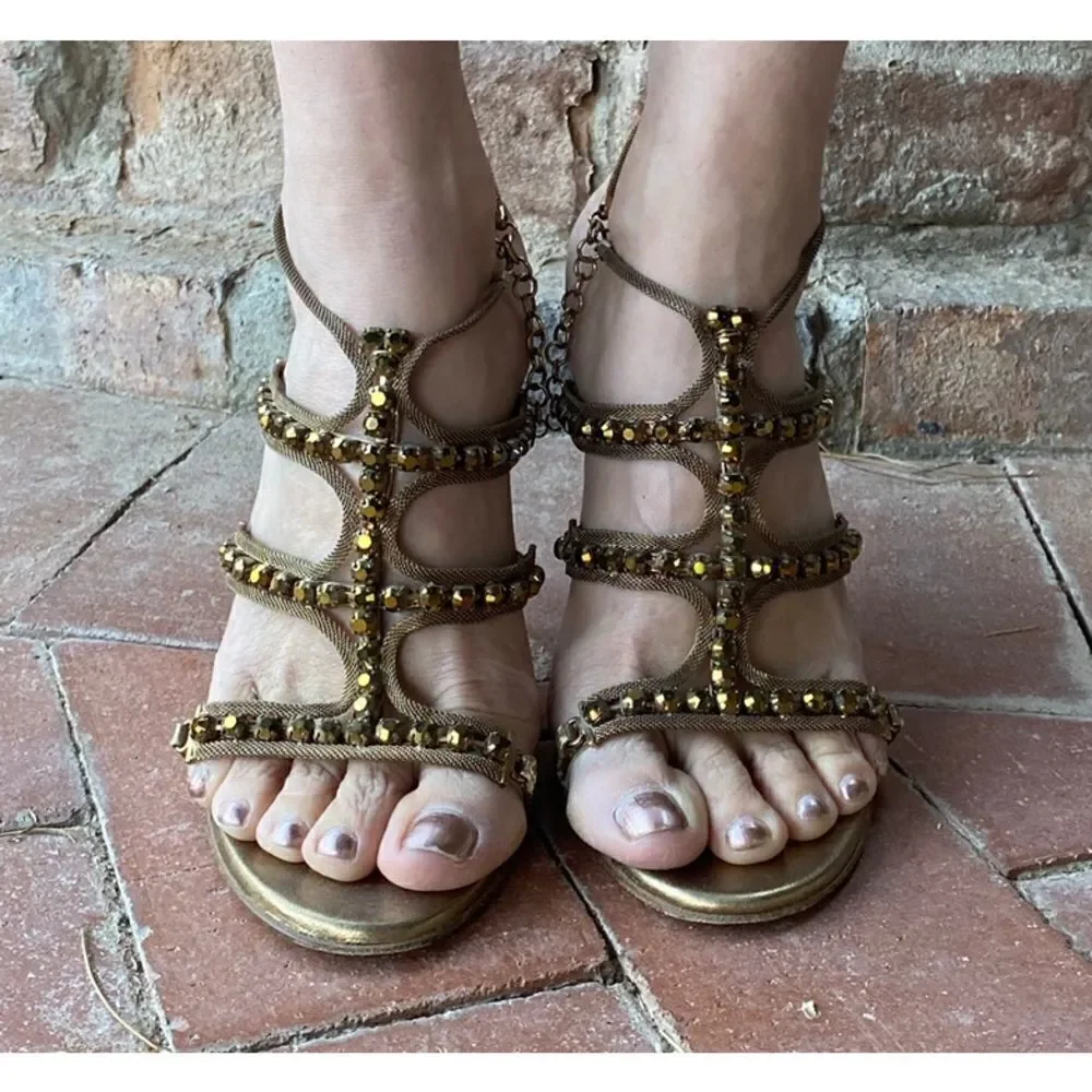 Jimmy Choo Gold Metallic Leather And Jewel Embellished Strappy Sandals - Picture 8 of 12